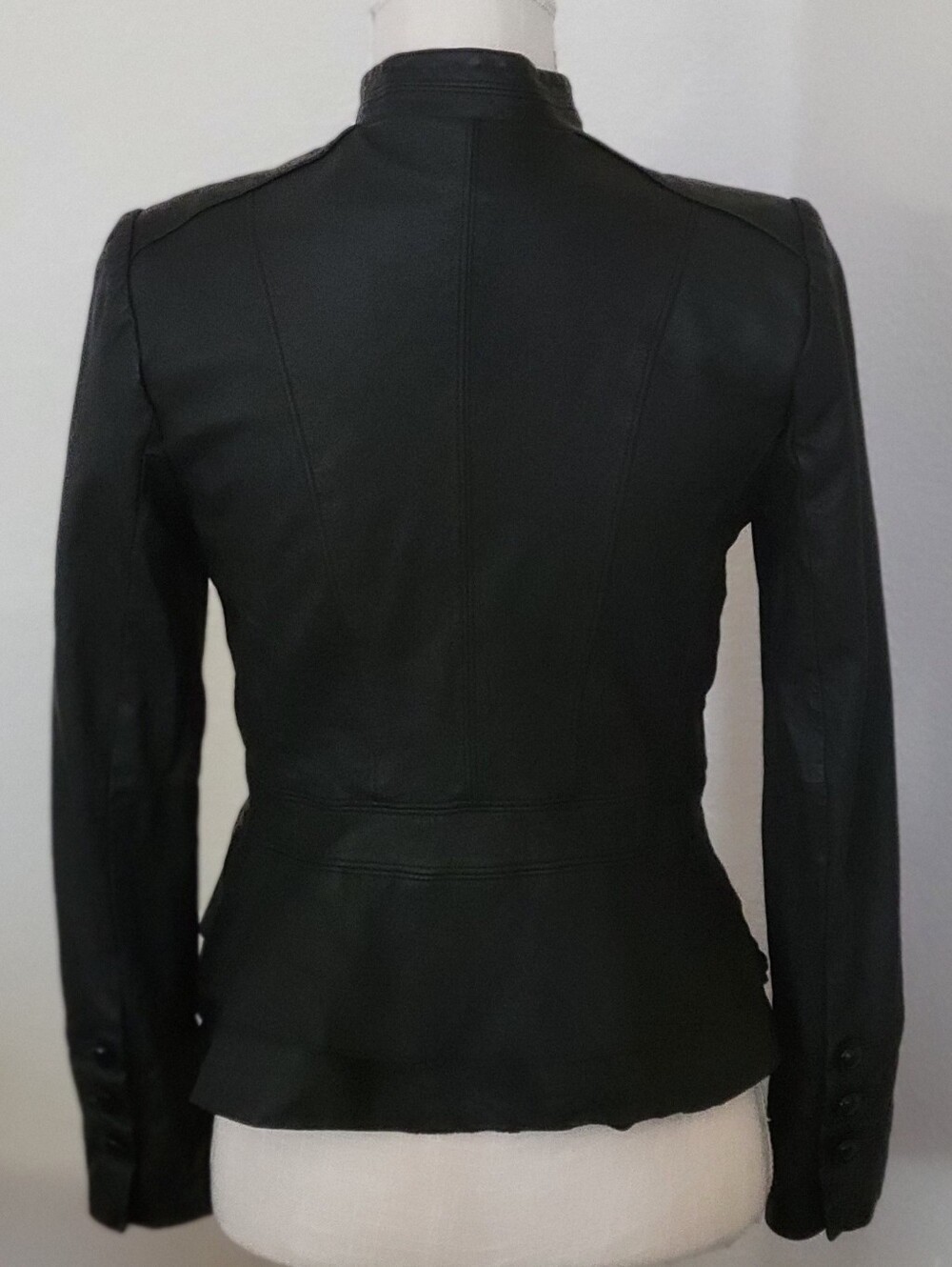 White House Black Market Black Ruffled Peplum Genuine Leather Jacket Sz S - Picture 3 of 11